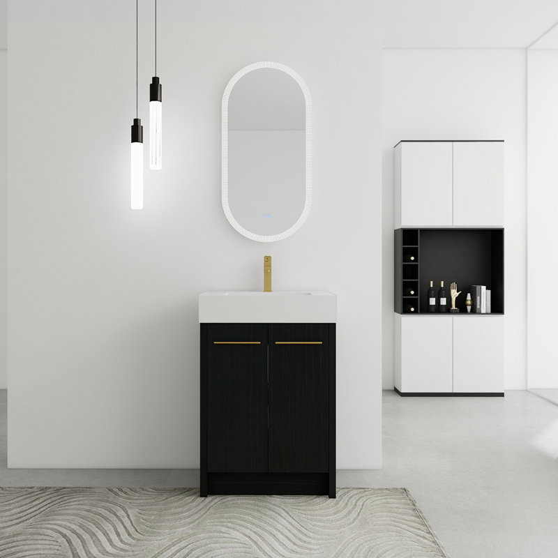 Meuble-lavabo autoportant de 24 po avec lavabo en résine et porte à fermeture douce, Noir châtaignier, 24"