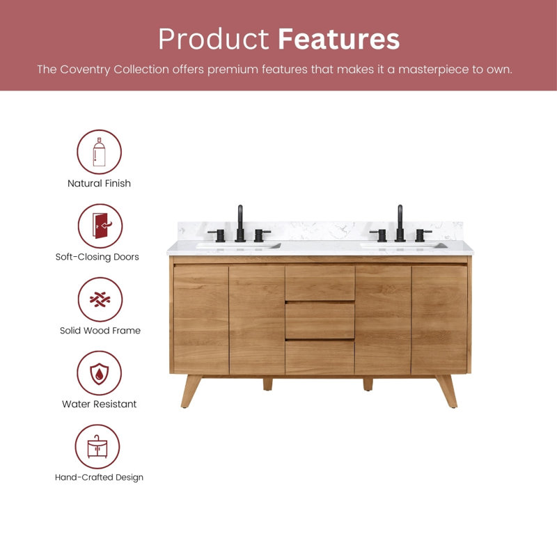 Coventry 72" Double Bathroom Vanity with Engineered Stone Top, 61"