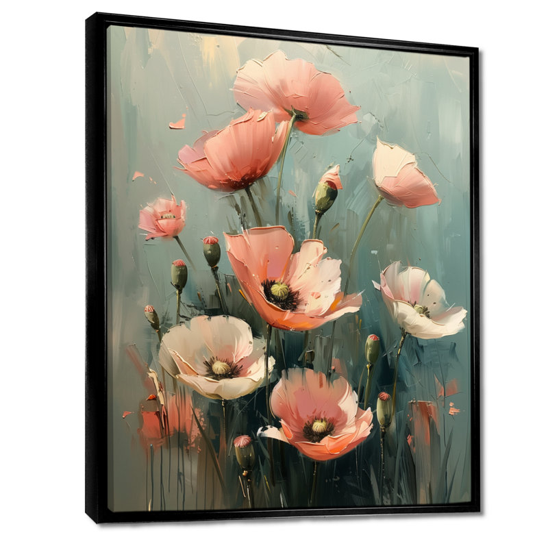 Rose, gris, coquelicots, fleurs, nature morte, charme II - coquelicots, art mural, salon, Toile avec cadre flottant noir