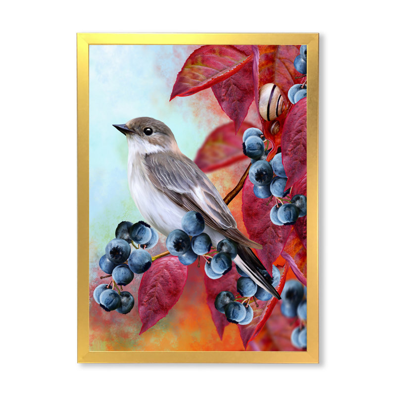 Petit oiseau gris sur un rameau d'automne rouge sur bleuet - impression sur toile, H 40 po x l 30 po x 1,5 po