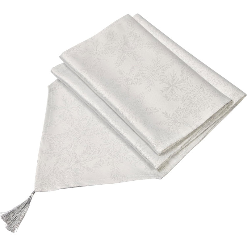 Christmas Metallic Blizzard Snowflake Tasselled Table Runner, 33cm W x 183cm L, White