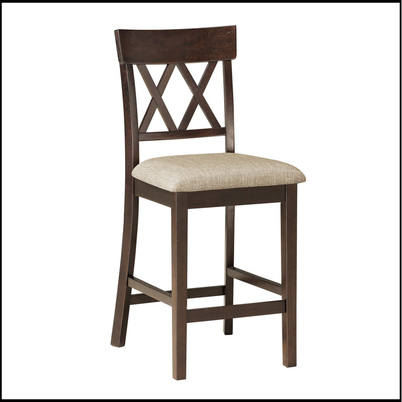 Ensemble de chaises à hauteur de comptoir brun foncé 2 pièces avec double dossier en X et sièges confortables rembourrés en tissu semblable à Lénine