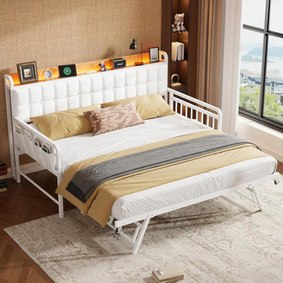 Twin Bed Frame Daybed with Trundle - with LED Light & Charging Station