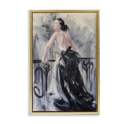 Cadre flottant femme élégante contre une balustrade, design par Lucille Lee