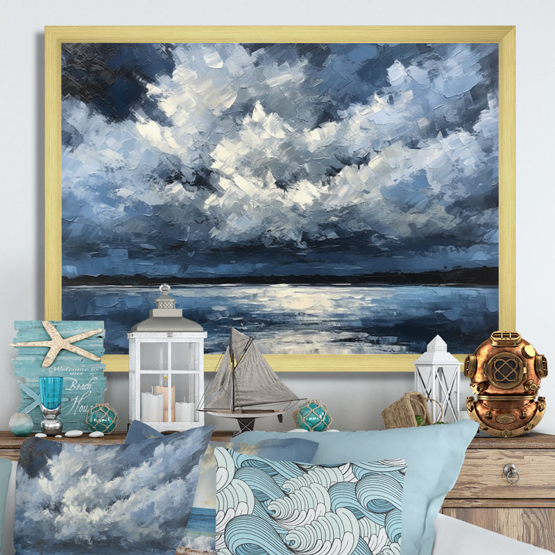 Tempête, formation de la côte sur toile, H 16 po x l 32 po x P 1 po, Encadrement doré