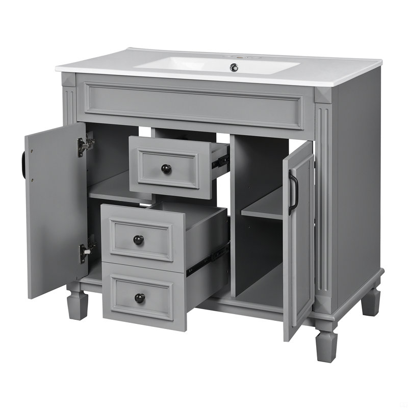 Meuble-lavabo 36 po avec lavabo supérieur, armoire de rangement moderne avec 2 portes à fermeture douce et 2 tiroirs, meuble-lavabo simple