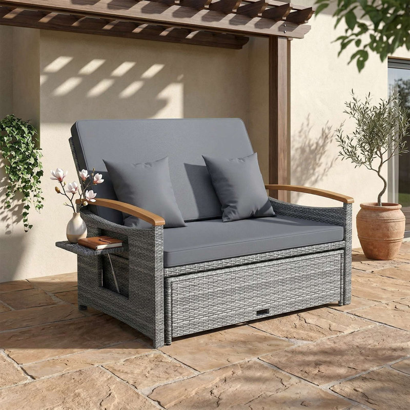 Weather Resistant Fade Proof All Weather Wicker Outdoor Patio Daybed With Adjustable Folding Panels And Detachable Storage Ottoman For Backyard Deck Poolside Relaxation Use