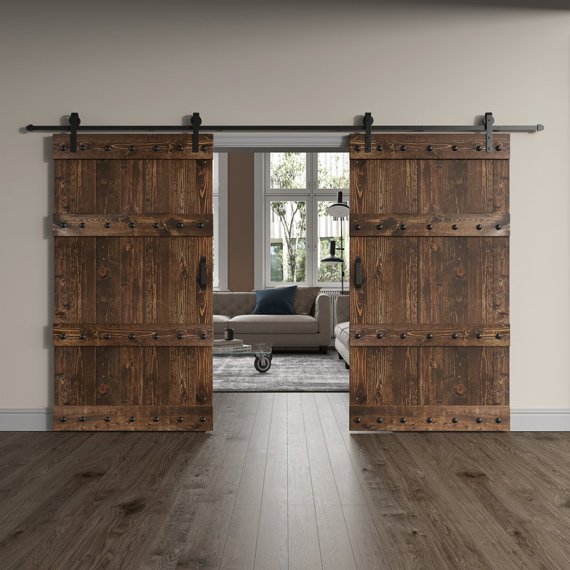 Porte de grange coulissante double en bois de pin avec trousse de quincaillerie Castle Series, Café Kona, 48 po x 84 po