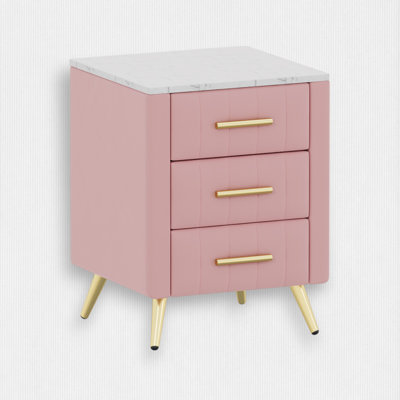 Velvet Upholstered 3 Drawers Wooden Nightstand, Marbling Stickers Worktop, Metal Legs&Handles