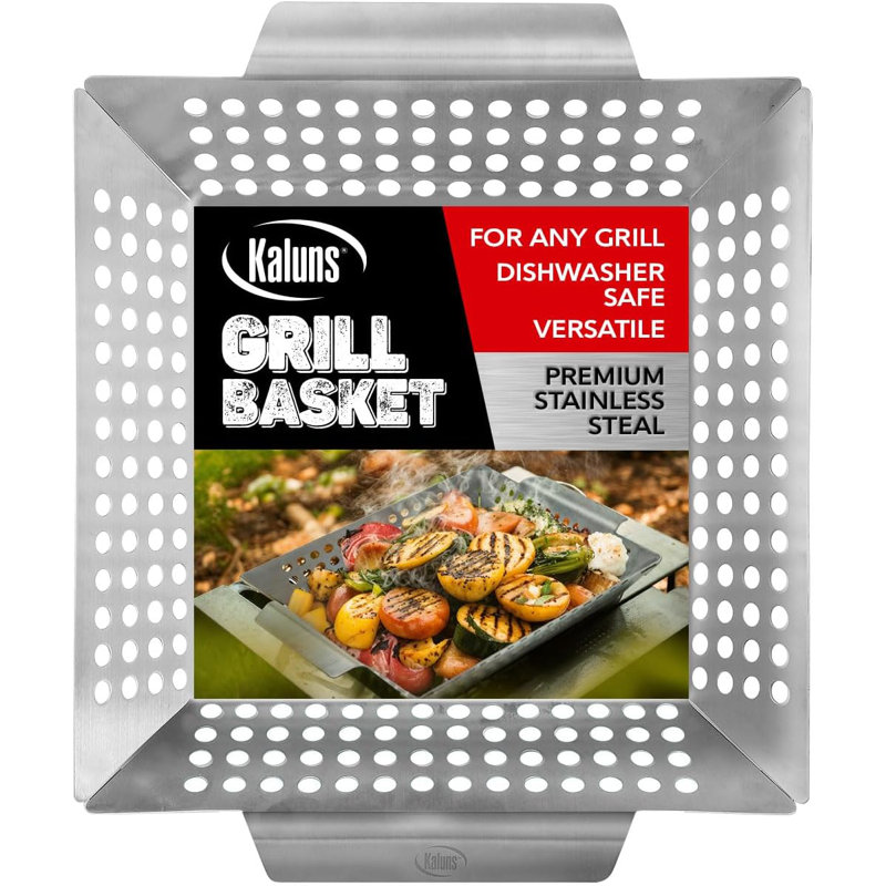 Kaluns Heavy Duty Stainless Steel Vegetable Grill Basket, Rectangular BBQ Grilling Tray for Vegetables, Seafood & Meat, Rust-Resistant, Dishwasher Safe, Silver