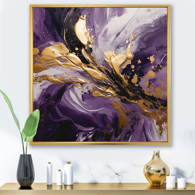Mauve et or liquide Magic II - art mural abstrait, H 16 po x l 16 po, Doré, Reproduction avec cadre flottant