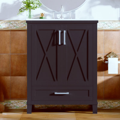 Meuble-lavabo de 24 po de conception, un seul lavabo, 2 portes d'armoire à fermeture en douceur, 1 tiroir compartimenté, tablette de rangement à deux niveaux, noir