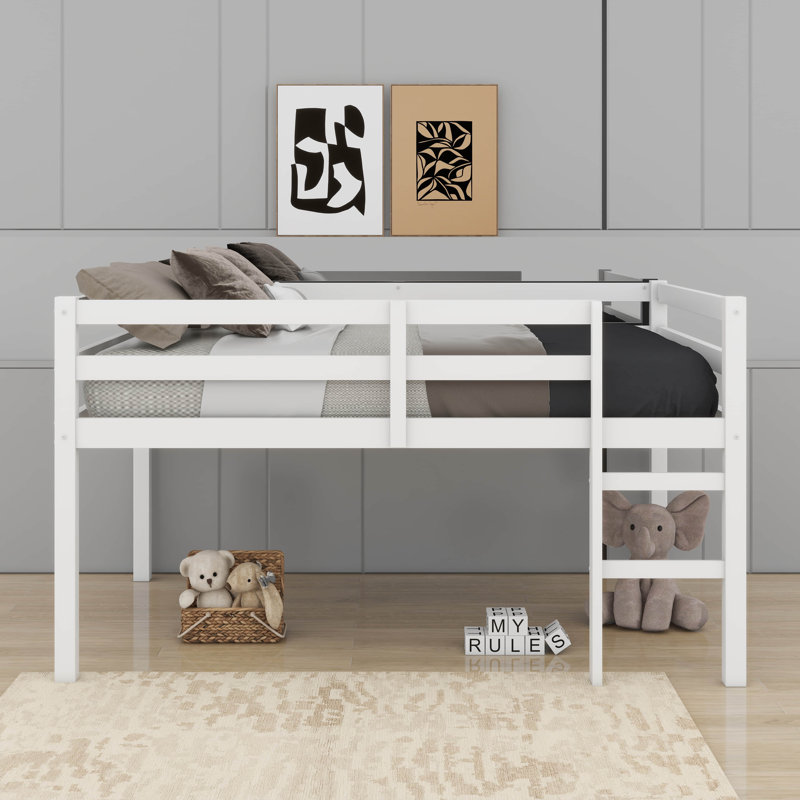 Lit mezzanine double en bois d'hévéa avec échelle, Blanc