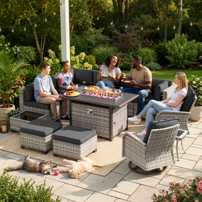 Ensemble de conversation de patio en osier 13 pièces avec table de foyer, canapé modulaire, chaises berçantes pivotantes et repose-pieds