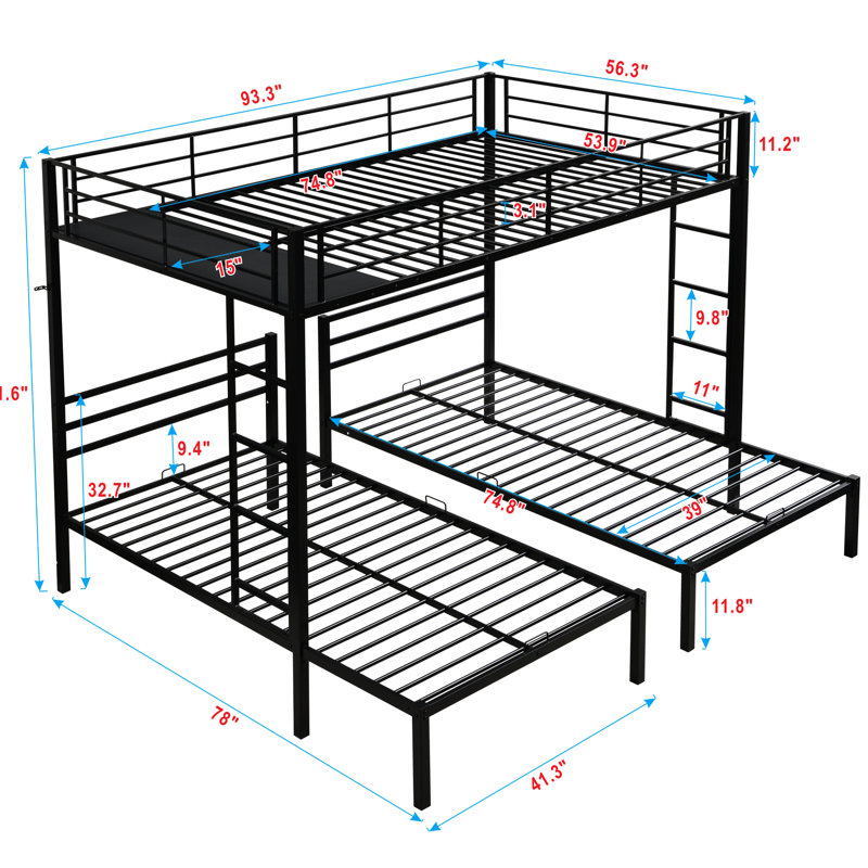 Triple lit superposé avec 1 lit double et 2 lits simples, structure en métal, solution de rangement sur rail verticale, noir avec rangement supplémentaire, pour les invités de Noël