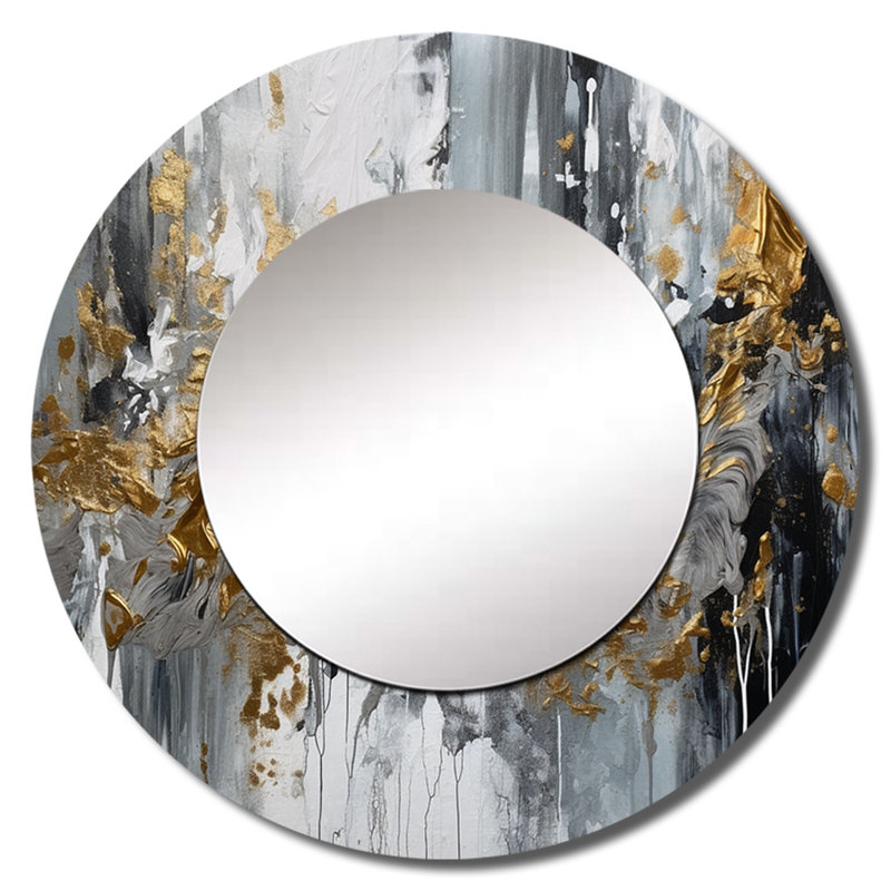 Pannie Black And White Delicate Brushstrokes I - Marble Wall Mirror, Gray Round Decorative Mirror, Printed Metal Art