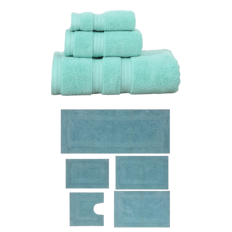 Bublitz Classy Bath Mat 100% Soft Cotton Bath Towel Set & Bath Rug Combo, 8 Piece Towel Set, Turquoise