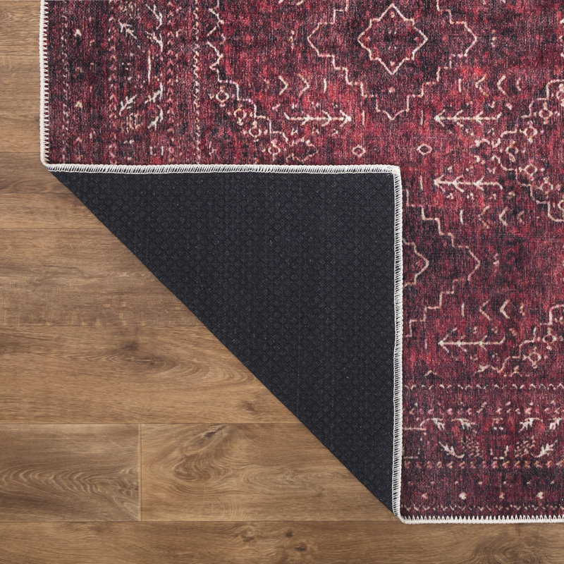  Washable Non-Slip Rug - Dark Red Traditional Bordered Runner for Entryway, Hallway, Bathroom, and Kitchen, Rectangle 3' x 5'