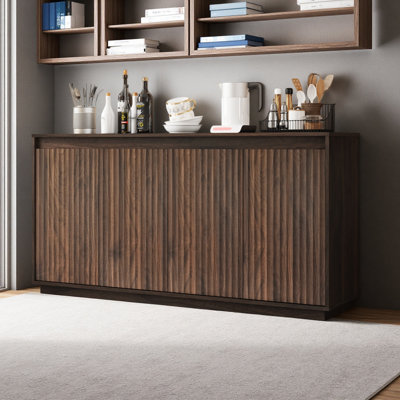 4 Door Sideboard Buffet Cabinet With Power Outlet, Wavy Vertical Texture Accent Cabinet With No-Handle Design