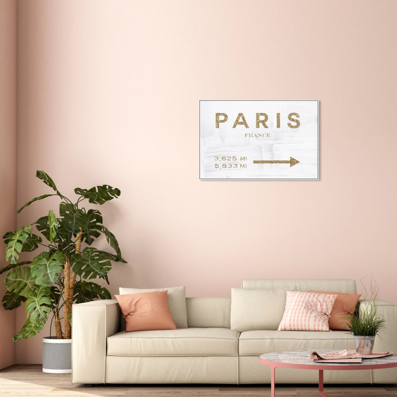 Signe de la mode parisienne Glitter, French Luxury Route Glam Gold - art textuel, H 37 po x l 55 po, Cadre flottant blanc
