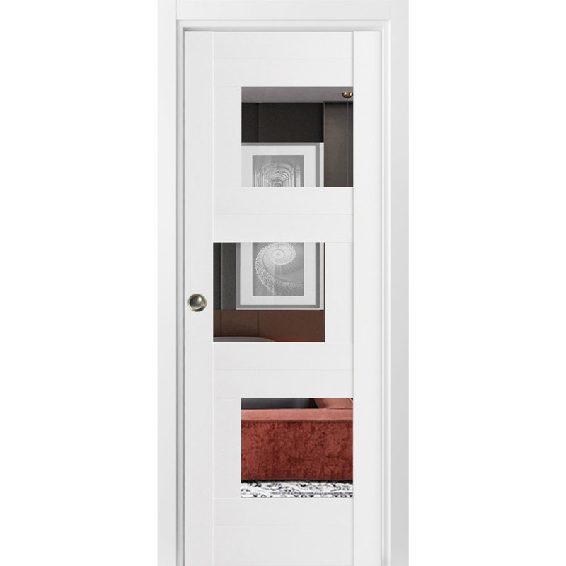 Porte coulissante 18 x 96 pouces avec verre opaque Sete 6999 Blanc Soie avec kit miroir, quincaillerie de rail, MDF, portes intérieures modernes pour chambre à coucher