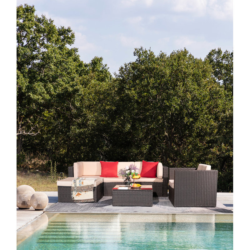 Ensemble de conversation modulaire en rotin 6 pièces avec coussins Ellison, Beige/rouge