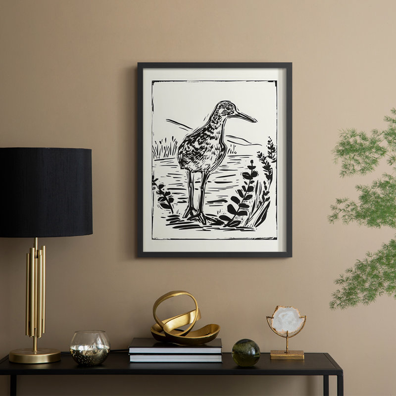 Linocut Style Seabird II Framed Print - Solid Wood, Black, 30" H x 24" W