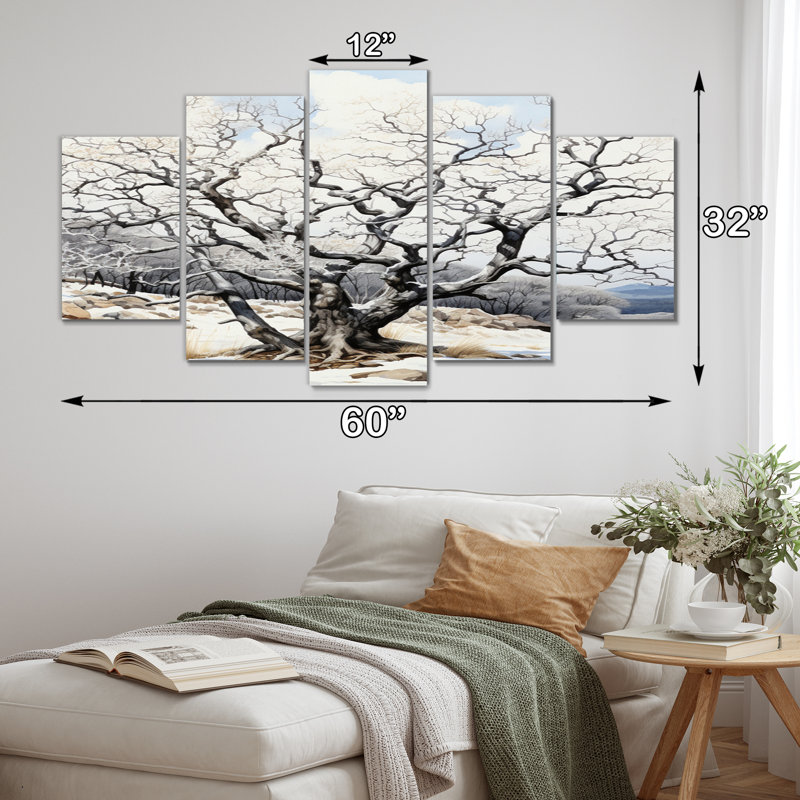 Arbre gris monochromatique sérénade III - Art mural sur toile floral - 5 panneaux
