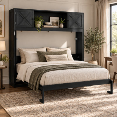 VARELON Queen Size Murphy Bed with 3 Storage Cabinets, Space-Saving Fold-Away Wall Bed with X-Panel Design, Solid Wood & MDF, 600 lbs Capacity, No Box Spring Needed