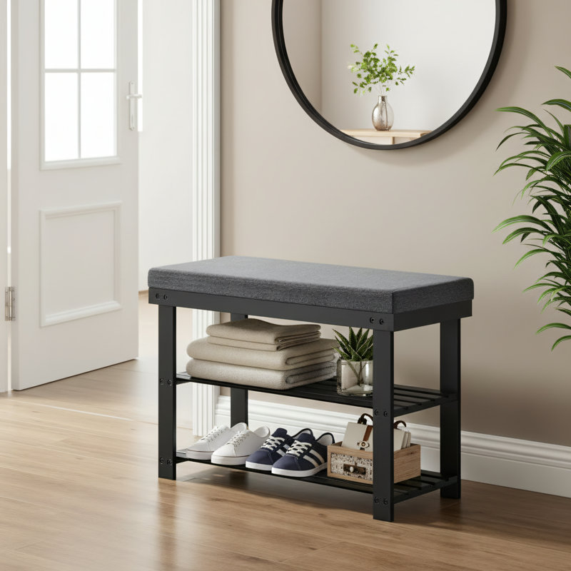 Three-Tier Bamboo Shoe Storage Bench, Suitable For Entryways And Living Rooms, 300 Lb Load-Bearing Capacity, Available In Dark Black And Slate Gray.