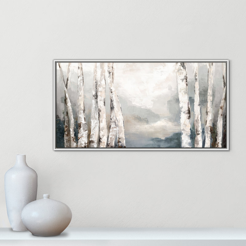 «Shadows of Birch» par Luna Mavis, H 21,5 po x l 41,5 po, Blanc