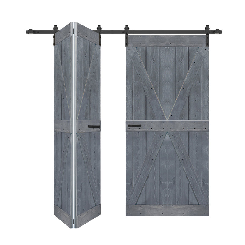 Porte de grange double pliante en bois massif de style K avec ensemble de quincaillerie - Assemblage requis, Gris foncé