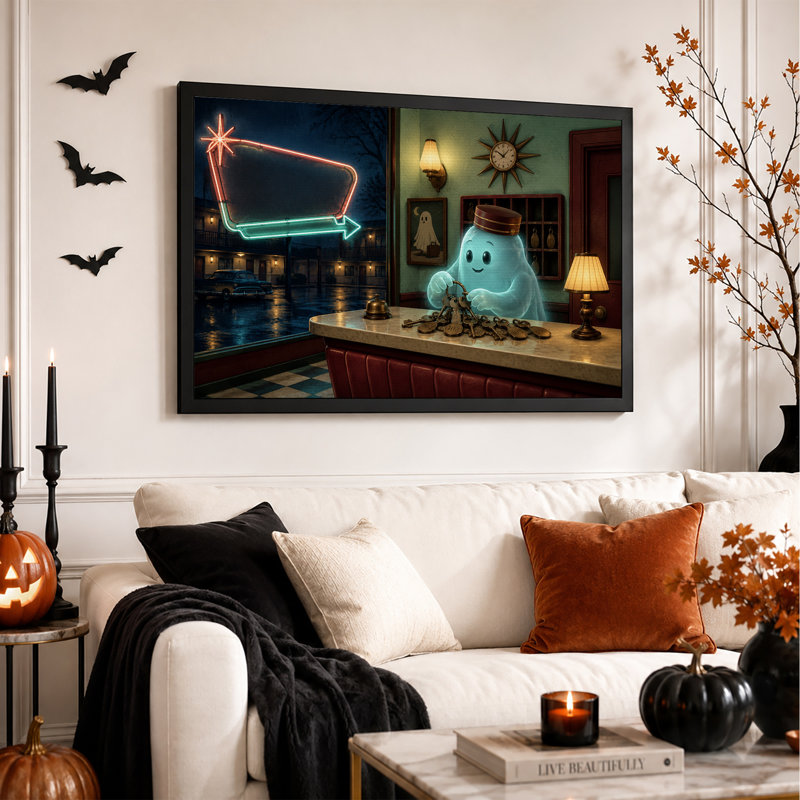 Un groom fantôme bleu lumineux avec des clés, une toile murale rétro pour l'Halloween, 24"H x 36"W