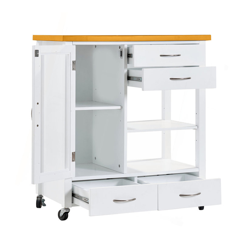 Îlot de cuisine avec plateau en bois de noyer, armoire de rangement sur roulettes avec tiroirs, buffet avec barre à serviettes