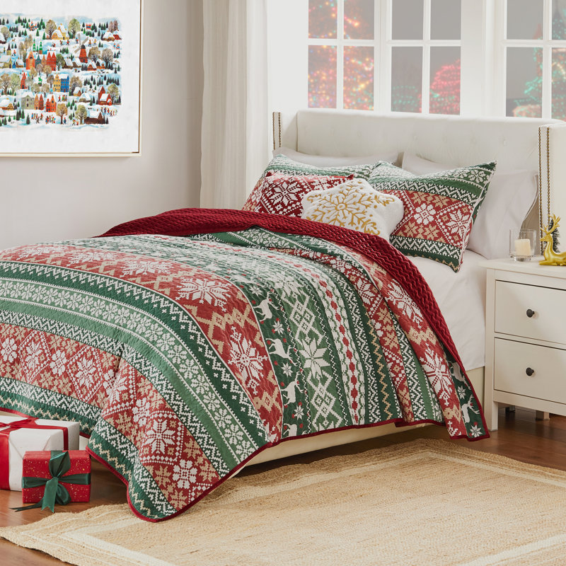 Fair Isle Red and Green Reversible Twin Microfiber Quilt Set
