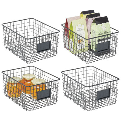 Metal Pantry Basket with Label Plate for Kitchen Organization and Storage - Set of 4 - Matte Black