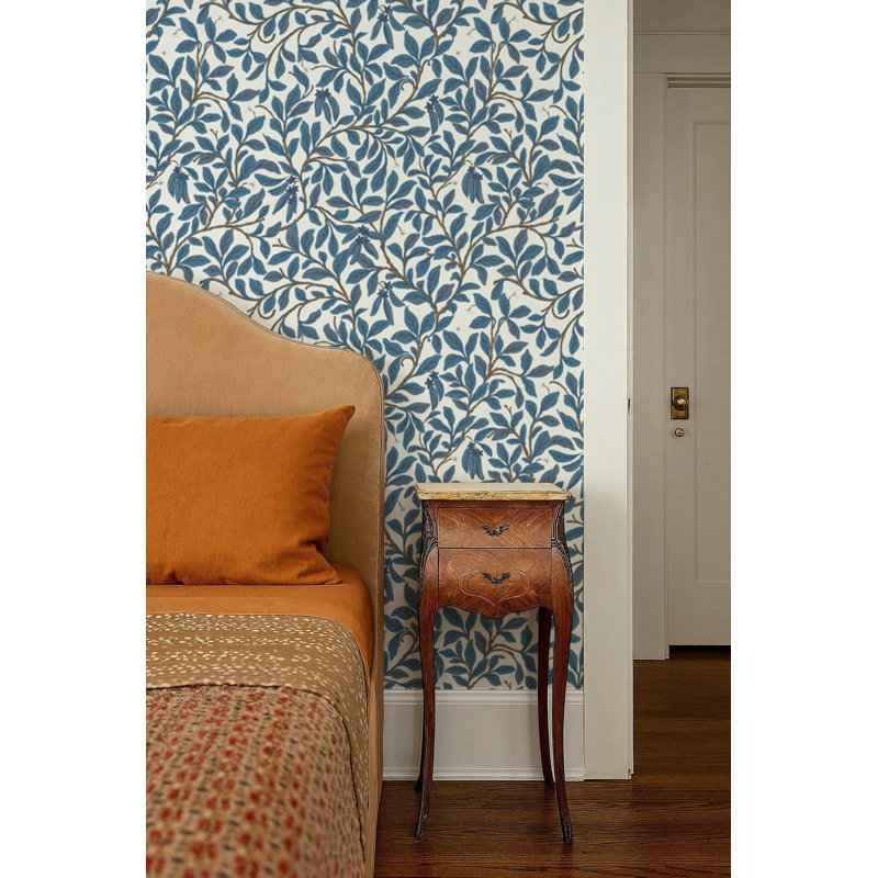 Leaf and Pod - Wallpaper, Navy White, Premium Paper