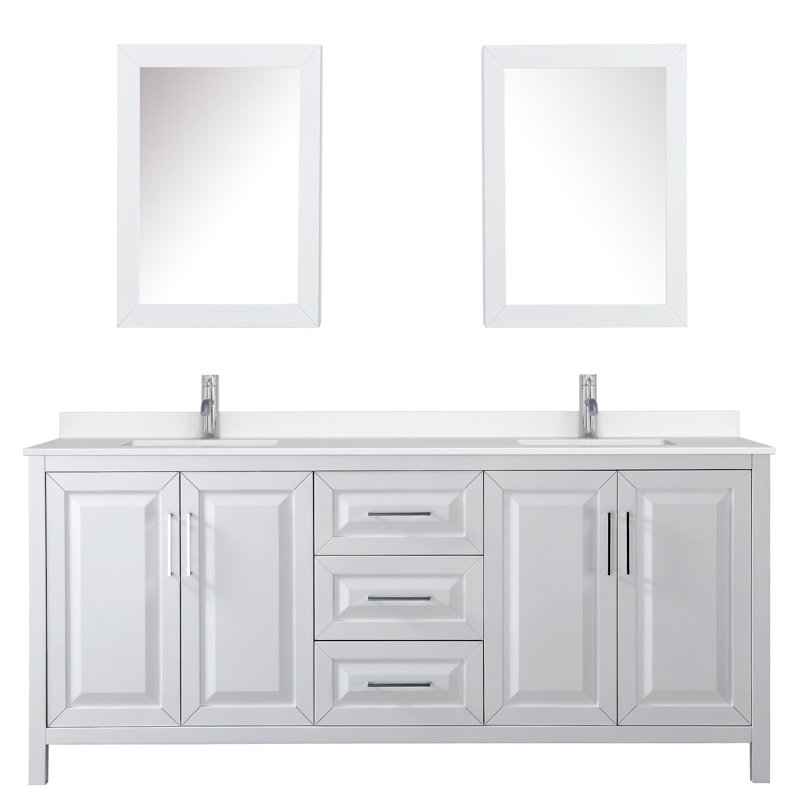 Ensemble de meuble-lavabo double 80 po avec dessus en quartz et miroir Daria, Chrome poli, Blanc, Giotto Quartz