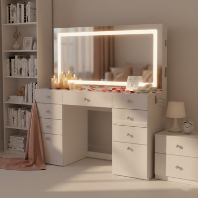 Leonore Premium Makeup Vanity with Bluetooth Speakers, LED Mirror, and 9 Drawers