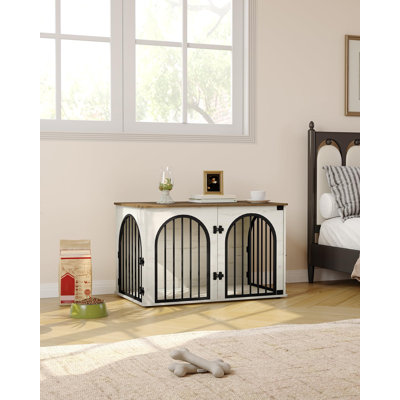 Meuble télé en bois pour caisse de chien, chenil d'intérieur pour petits / moyens / grands chiens, caisses de bout de table d'appoint, anti-mâcher, anti-évasion, porte arquée, blanc / brun