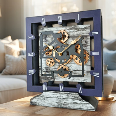 Desk wooden Clock Square 10 inches with Real Moving Gears (Transformable into a Wall Clock - detachable base) Canada Collection