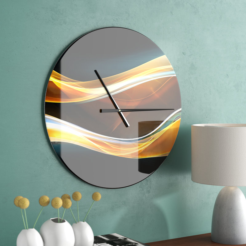 3D Wave Design - Horloge murale moderne, Moyen, Gris, doré et brun