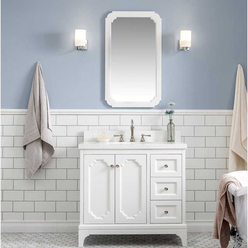 Queen 36" Sink Carrara Engineered Marble Countertop Bath Vanity with Mirror, Pure White