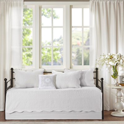 White Daybed Cover - 6 Piece Reversible With Scalloped Edge, For A Relaxed Night, Twin Size, Includes Cover, , Shams, Pillow Country Cottage White, Cotton Filling, Fits Size Mattress,