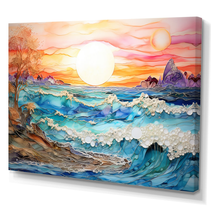Rainbow Ocean Sunrise - art mural océan, H 12 po x l 20 po x P 1 po, Toile tendue