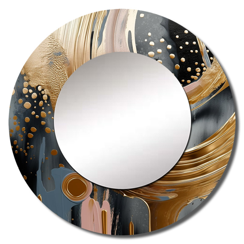 Sonica doré et noir Expression VI - miroir en marbre, miroir mural rond unique moderne, art imprimé en métal, 23 po x 23 po