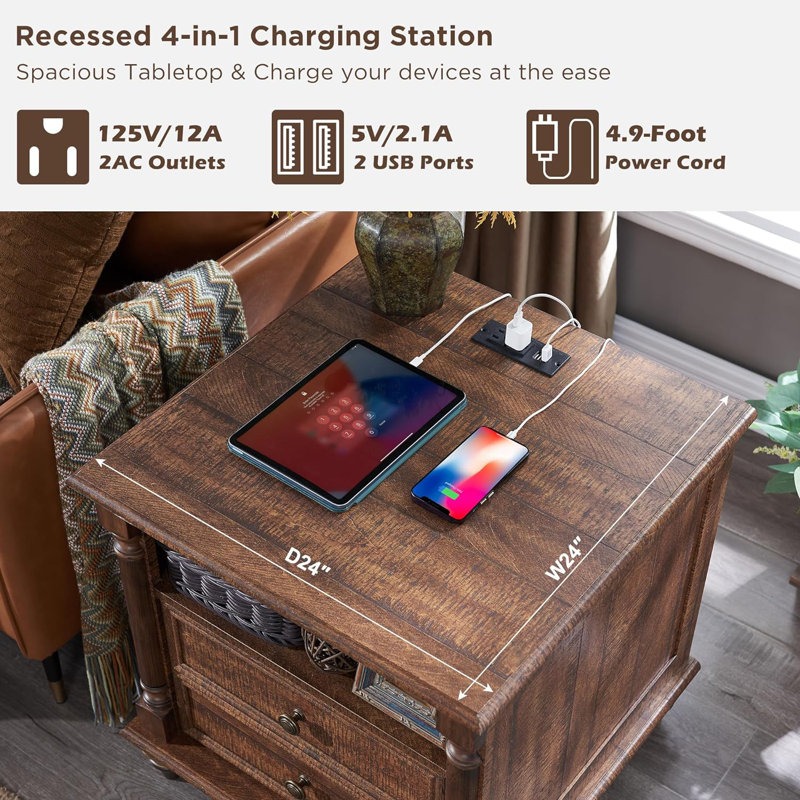 Rushville Farmhouse 2 - Drawers Nightstand with Charging Station, Tall Rustic Wood Square End Table with Open Shelf