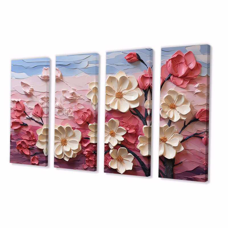Pink And White Orchid Branches Tree III - Abstract Floral 4 Piece Wall Art Canvas, 28" H x 48" W