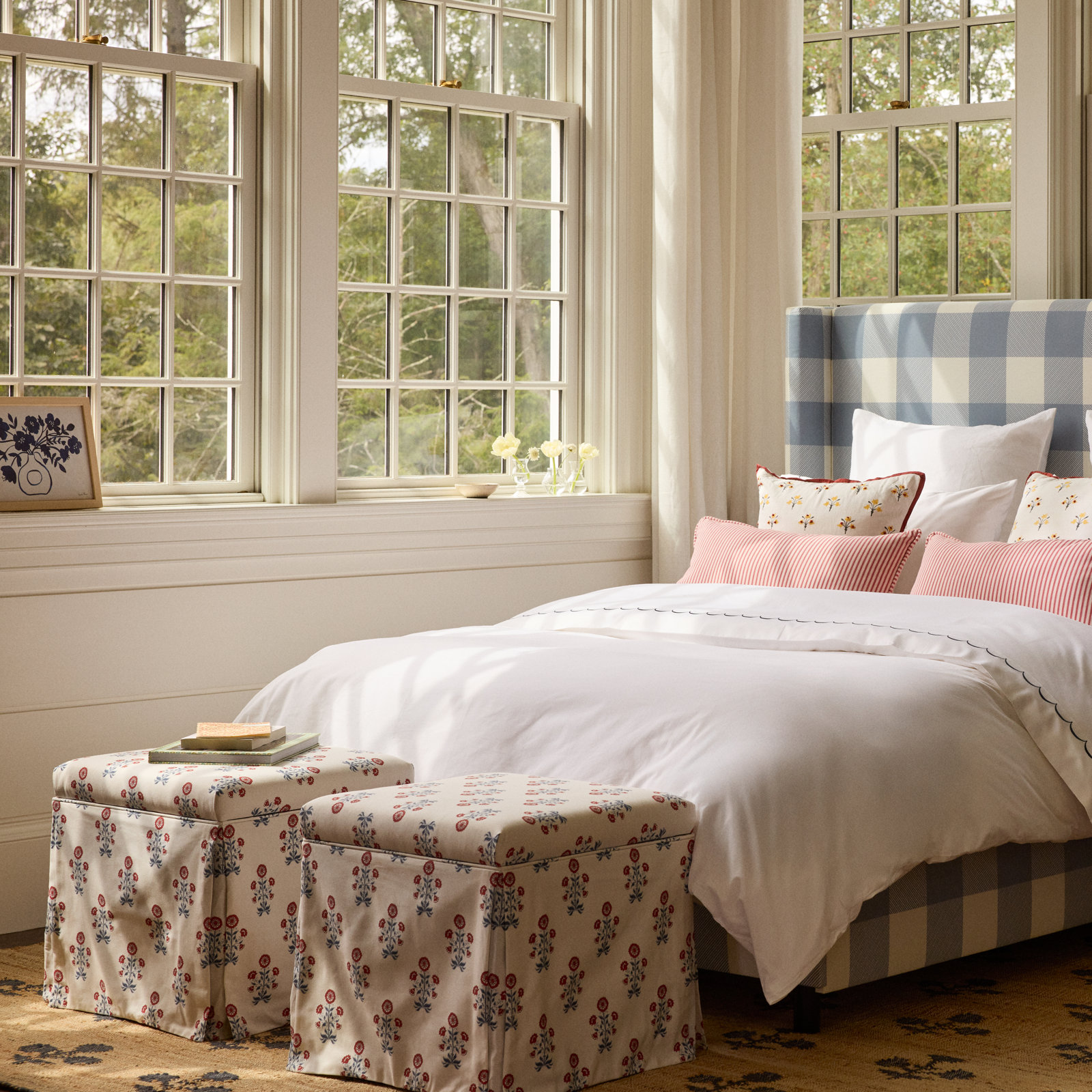 Jebb 20" Cotton Ottoman, Cappy Floral Red