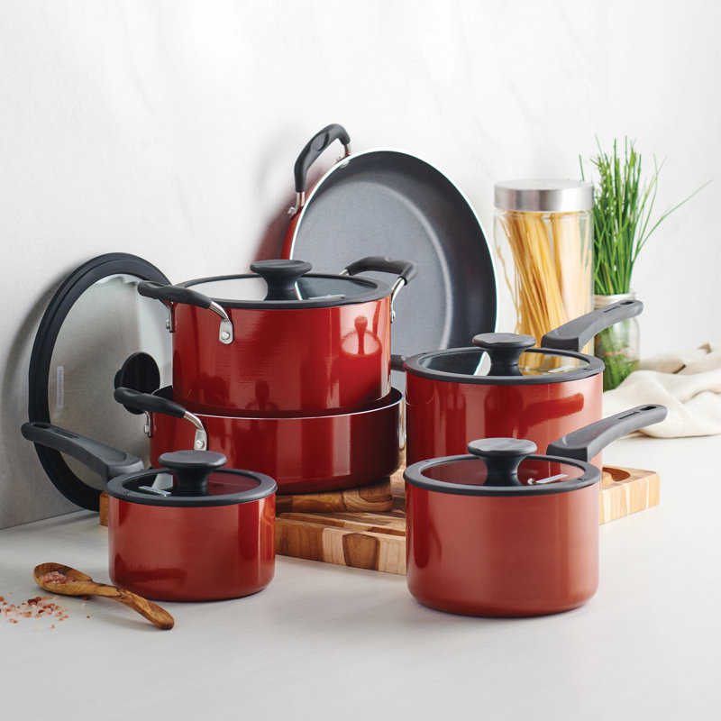 15-Piece Red Aluminum Nonstick Cookware Set with Enamel Finish
